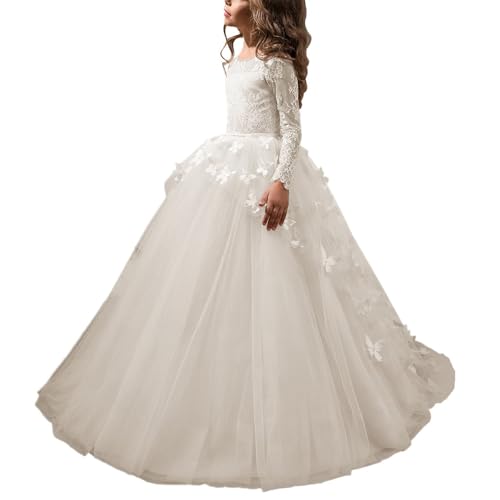 Beyonddress Mädchen Blumenmädchen Kleider Hochzeit Schmetterling Kinderkleid Langarm Kommunionkleid Mit Applikation(Elfenbein,8-9 Jahre) von Beyonddress