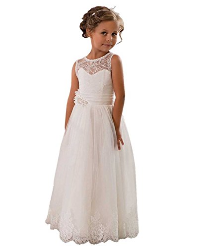 Beyonddress Mädchen Blumenmädchen Kleider Kinderkleid Kommunionkleid Spitze Partykleid Hochzeits Erstkommunion Kleider(Weiß,8-9 Jahre) von Beyonddress