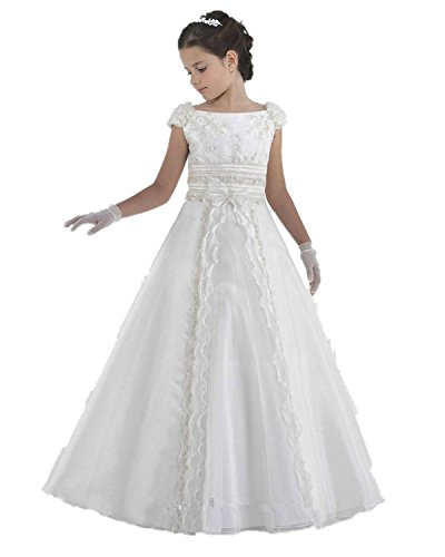 Beyonddress Mädchen Blumenmädchen Kleider Prinzessin Bodenlang für Brautjungfern Hochzeit Kleid Spitze Erstes Kommunionkleid Lange(Elfenbein,11-12 Jahre) von Beyonddress