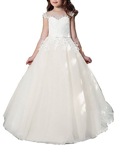 Beyonddress Mädchen Hochzeit Blumenmädchenkleider Hochzeits Bodenlanges Kinderkleid Kommunionkleid Spitze Ballkleid Partyskleid(Weiß,9-10 Jahre) von Beyonddress