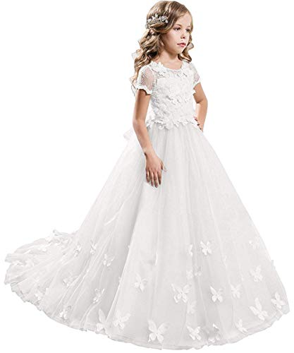 Beyonddress Mädchen Hochzeit Fest Blumenmädchen Kleider Bodenlanges Kinderkleid Kommunionkleid Ballkleid Partyskleid mit Ärmeln(Weiß,7-8 Jahre) von Beyonddress