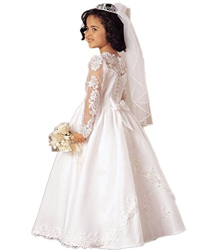 Beyonddress Mädchen Prinzessin Blumenmaedchenkleider mit Ärmeln Spitze Hochzeit Erste Kommunikation Kleid Maedchenkleid(Weiß,9-10 Jahre) von Beyonddress