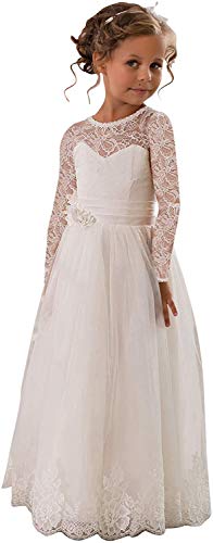 Beyonddress Mädchen Spitze Blumenmädchen Kleider Langarm Partyskleid Kinderkleid Kommunionkleid Hochzeitkleider Festzug Kleidung(Elfenbein 1,8-9 Jahre) von Beyonddress