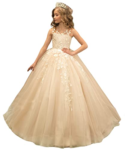 Beyonddress Mädchen Spitze Blumenmädchenkleider für Hochzeits Erstkommunion Ballkleid Kinder Pageant Kleider(Champagne,10 Jahre) von Beyonddress