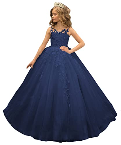 Beyonddress Mädchen Spitze Blumenmädchenkleider für Hochzeits Erstkommunion Ballkleid Kinder Pageant Kleider(Navy Blau,12 Jahre) von Beyonddress