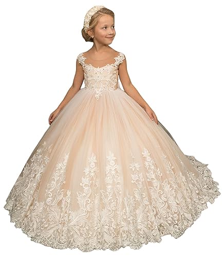 Beyonddress Mädchen Spitze Blumenmädchenkleider für Hochzeits Prinzessin Erstkommunion Ballkleid Kinder Geburtstagskleid(Champagne,10 Jahre) von Beyonddress
