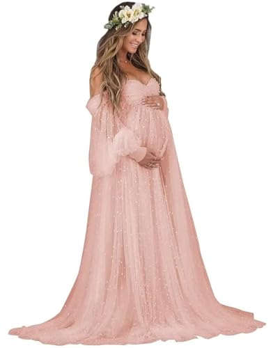 Beyonddress Perlen Umstandskleider Fotoshooting Tüll Langarm Schwangere Kleider Festlich Hochzeit Elegant Abendkleider Umstandsmode,Blush,S/M von Beyonddress