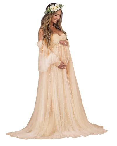 Beyonddress Perlen Umstandskleider Fotoshooting Tüll Langarm Schwangere Kleider Festlich Hochzeit Elegant Abendkleider Umstandsmode,Champagne,S/M von Beyonddress