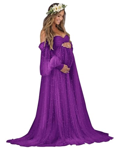 Beyonddress Perlen Umstandskleider Fotoshooting Tüll Langarm Schwangere Kleider Festlich Hochzeit Elegant Abendkleider Umstandsmode,Violett,L/XL von Beyonddress
