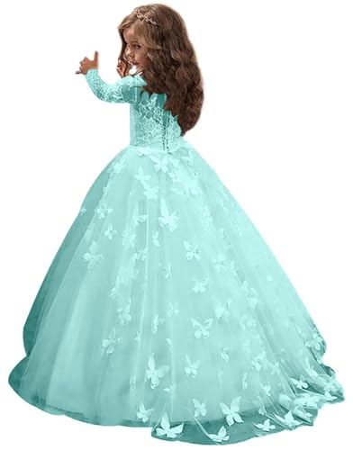 Beyonddress Schmetterling Applique Blumenmädchen Kleider für Hochzeit Langarm Pageant Prom Kleid für Mädchen Geburtstag(Aqua,6 Jahre) von Beyonddress