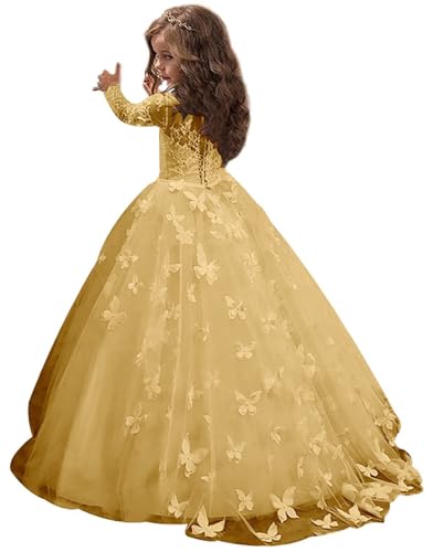 Beyonddress Schmetterling Applique Blumenmädchen Kleider für Hochzeit Langarm Pageant Prom Kleid für Mädchen Geburtstag(Gold,6 Jahre) von Beyonddress