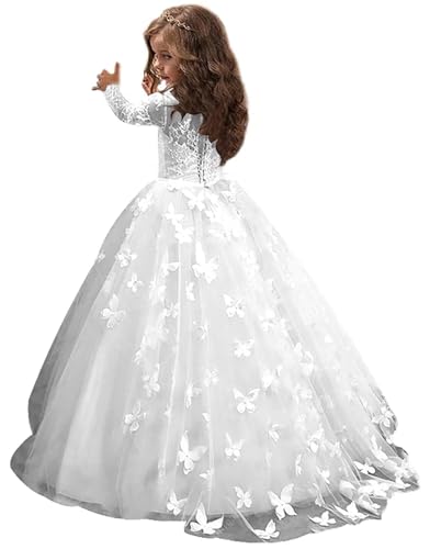 Beyonddress Schmetterling Applique Blumenmädchen Kleider für Hochzeit Langarm Pageant Prom Kleid für Mädchen Geburtstag(Weiß,10 Jahre) von Beyonddress