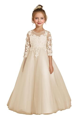 Beyonddress Spitze Tüll Blumenmädchen Kleider für Hochzeit O-Ausschnitt Festzug Ballkleider Langarm Kinder Brautkleid Champagne 8 von Beyonddress