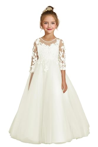 Beyonddress Spitze Tüll Blumenmädchen Kleider für Hochzeit O-Ausschnitt Festzug Ballkleider Langarm Kinder Brautkleid Elfenbein 3 von Beyonddress