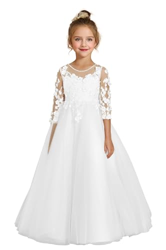 Beyonddress Spitze Tüll Blumenmädchen Kleider für Hochzeit O-Ausschnitt Festzug Ballkleider Langarm Kinder Brautkleid Weiß 6 von Beyonddress
