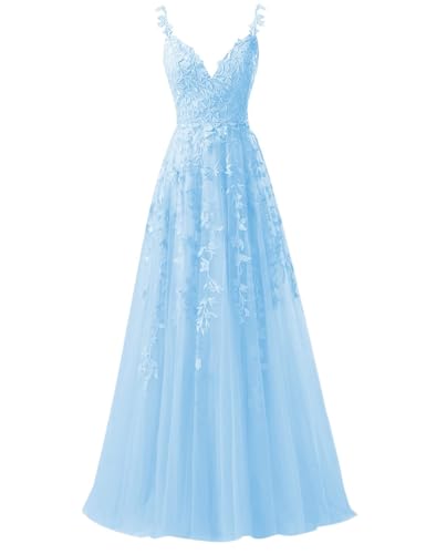 Beyonddress Tüll Abendkleider Ballkleider Lang Spitzenapplikationen Hochzeitskleid V-Ausschnitt Spaghettiträgern Abschlussballkleider(Himmelblau,34) von Beyonddress