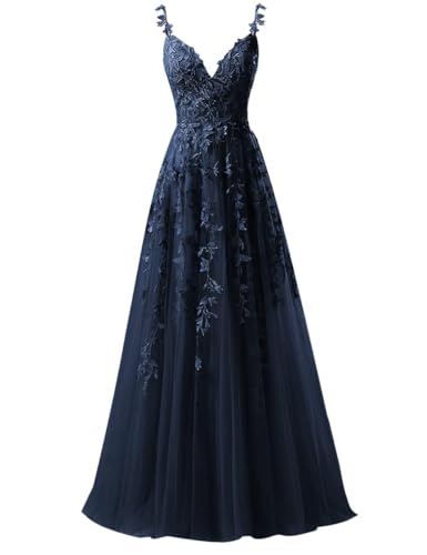 Beyonddress Tüll Abendkleider Ballkleider Lang Spitzenapplikationen Hochzeitskleid V-Ausschnitt Spaghettiträgern Abschlussballkleider(Navy Blau,36) von Beyonddress