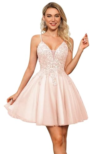 Beyonddress Tüll Abendkleider für Frauen Kurz Spitze Homecoming Kleider Applikation Glitter Paillette Mini Ballkleid(Blush,42) von Beyonddress