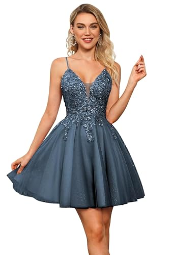 Beyonddress Tüll Abendkleider für Frauen Kurz Spitze Homecoming Kleider Applikation Glitter Paillette Mini Ballkleid(Navy Blau,36) von Beyonddress