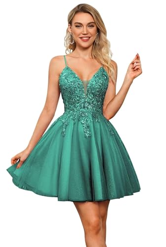 Beyonddress Tüll Abendkleider für Frauen Kurz Spitze Homecoming Kleider Applikation Glitter Paillette Mini Ballkleid(Pfau,32) von Beyonddress
