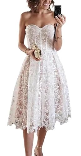 Beyonddress Tüll Brautkleid für Braut Eleagnt Midi Trägerlos Brautkleider für Frauen Spitze Appliques Hochzeitskleider Ballkleider(Elfenbein 07,40) von Beyonddress