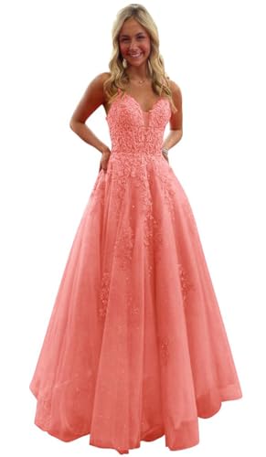 Beyonddress Tüll Spitze Appliques Abendkleider für Frauen Elegant Lange V-Ausschnitt Ballkleider Party Formale Kleider(Koralle,36) von Beyonddress