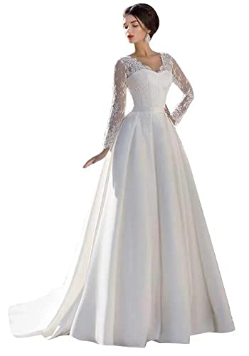 Beyonddress Vintage Brautkleider Lange Ärmel Satin Spitze Hochzeitskleider V-Ausschnitt Brautkleid für Frauen(Weiß 02,46) von Beyonddress