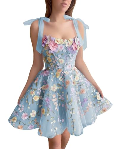 Blumen Spitze Abendkleider Kurz Stickerei Tüll Ballkleid mit Applikation A-Linie Cocktailkleider(Himmelblau,32) von Beyonddress