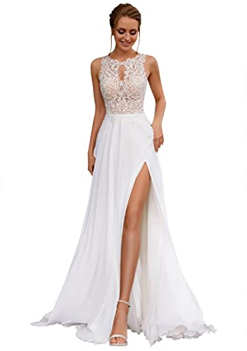 Damen Chffon Spitze Brautkleid Hochzeitskleider A-Linie Boho Standesamtliche Brautmode Brautkleider(Weiß 11,36) von Beyonddress