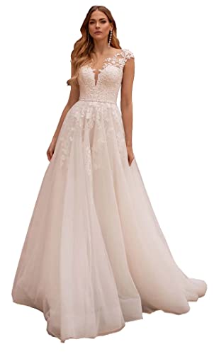 Damen Chffon Spitze Tüll Brautkleider Elegant Hochzeitskleider A-Linie Applikationen Brautmode Brautkleider(Elfenbein 12,32) von Beyonddress