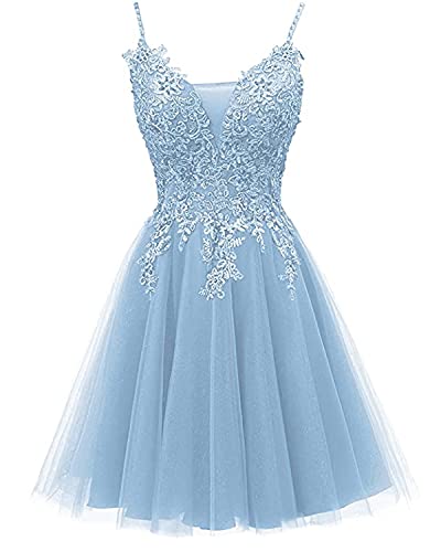 Damen Spaghetti-Träger Abendkleider Kurz Ballkleider Spitze Applikationen Cocktailkleider Abschlusskleid Partykleid(Hellblau,36) von Beyonddress