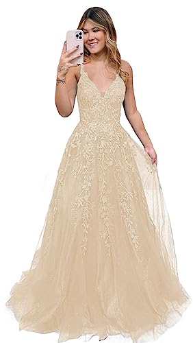 Damen V-Ausschnitt Tüll Abendkleider Lange A Linie Applikationen Spitze Ballkleid Formelles für Teens(Champagne,52) von Beyonddress