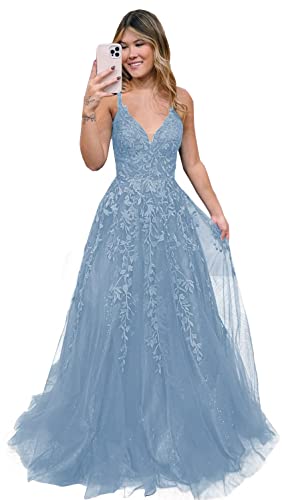 Damen V-Ausschnitt Tüll Abendkleider Lange A Linie Applikationen Spitze Ballkleid Formelles für Teens(Dusty Blau,40) von Beyonddress