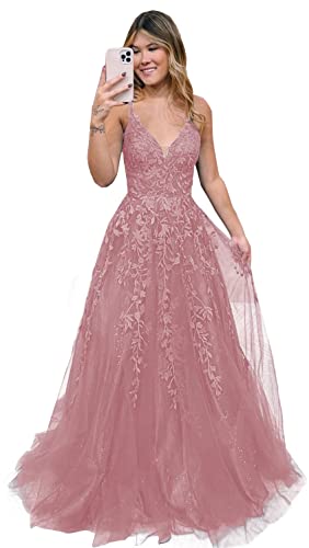 Damen V-Ausschnitt Tüll Abendkleider Lange A Linie Applikationen Spitze Ballkleid Formelles für Teens(Dusty Rose,44) von Beyonddress