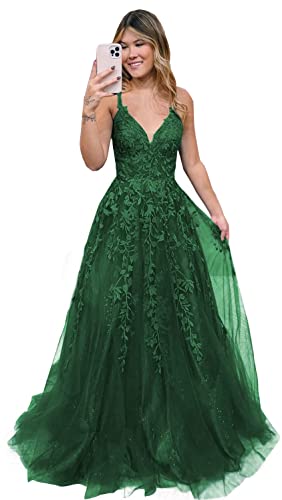 Damen V-Ausschnitt Tüll Abendkleider Lange A Linie Applikationen Spitze Ballkleid Formelles für Teens(Grün,36) von Beyonddress