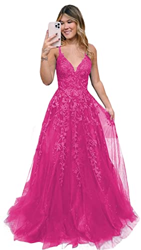 Damen V-Ausschnitt Tüll Abendkleider Lange A Linie Applikationen Spitze Ballkleid Formelles für Teens(Hot Rosa,36) von Beyonddress