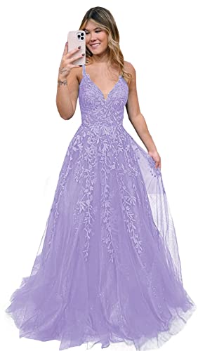 Damen V-Ausschnitt Tüll Abendkleider Lange A Linie Applikationen Spitze Ballkleid Formelles für Teens(Lavendel,46) von Beyonddress