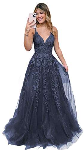 Damen V-Ausschnitt Tüll Abendkleider Lange A Linie Applikationen Spitze Ballkleid Formelles für Teens(Navy Blau,34) von Beyonddress