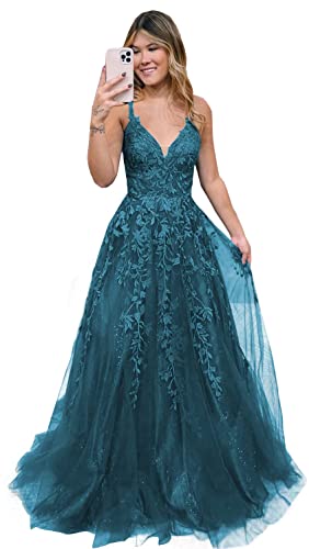 Damen V-Ausschnitt Tüll Abendkleider Lange A Linie Applikationen Spitze Ballkleid Formelles für Teens(Teal,34) von Beyonddress