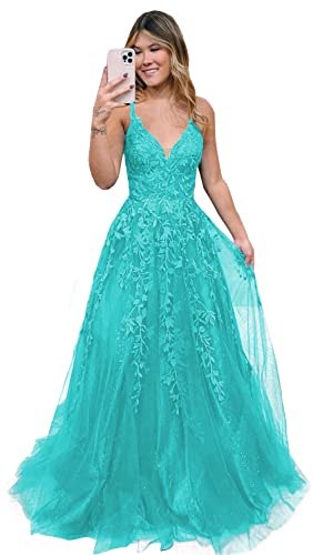 Damen V-Ausschnitt Tüll Abendkleider Lange A Linie Applikationen Spitze Ballkleid Formelles für Teens(Türkis,40) von Beyonddress