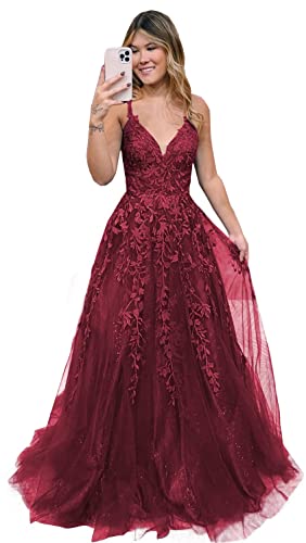 Damen V-Ausschnitt Tüll Abendkleider Lange A Linie Applikationen Spitze Ballkleid Formelles für Teens(Weinrrot,34) von Beyonddress