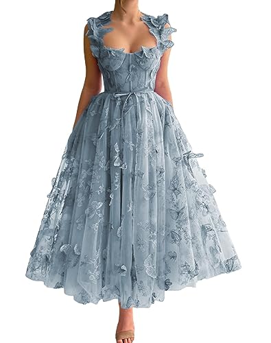 Frauen 3D Schmetterling Tüll Abendkleider Stickerei Spitze Spaghetti Träger Formelle Ballkleider mit Schlitz(A-Dusty Blau,52) von Beyonddress
