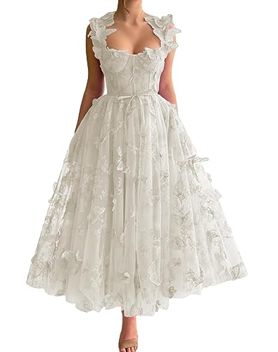 Frauen 3D Schmetterling Tüll Abendkleider Stickerei Spitze Spaghetti Träger Formelle Ballkleider mit Schlitz(A-Elfenbein,44) von Beyonddress