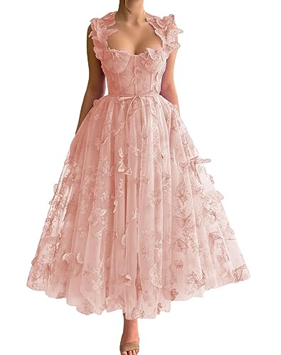 Frauen 3D Schmetterling Tüll Abendkleider Stickerei Spitze Spaghetti Träger Formelle Ballkleider mit Schlitz(A-Erröten,36) von Beyonddress