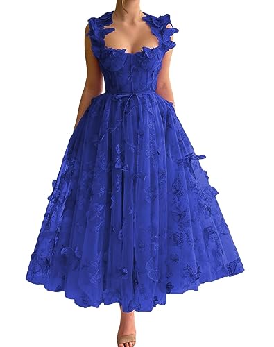 Frauen 3D Schmetterling Tüll Abendkleider Stickerei Spitze Spaghetti Träger Formelle Ballkleider mit Schlitz(A-Königsblau,38) von Beyonddress