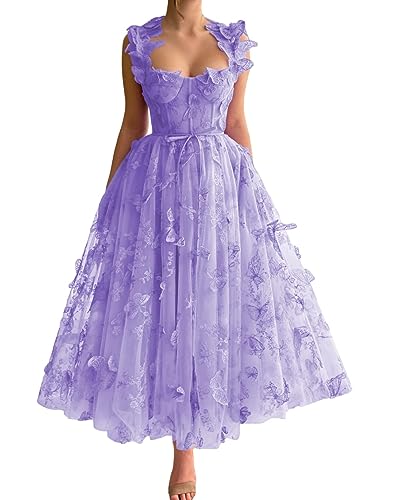 Frauen 3D Schmetterling Tüll Abendkleider Stickerei Spitze Spaghetti Träger Formelle Ballkleider mit Schlitz(A-Lavendel,46) von Beyonddress