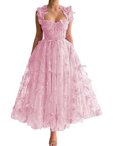 Frauen 3D Schmetterling Tüll Abendkleider Stickerei Spitze Spaghetti Träger Formelle Ballkleider mit Schlitz(A-Rosa,32) von Beyonddress