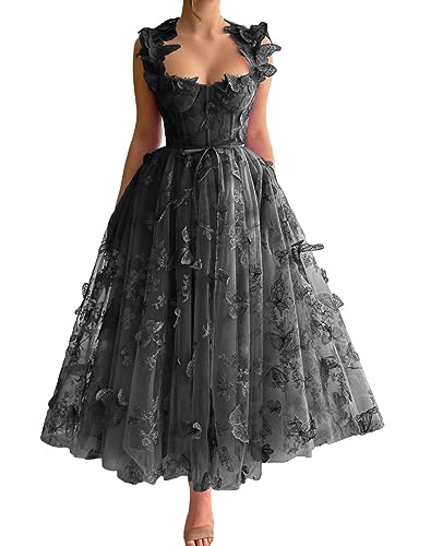 Frauen 3D Schmetterling Tüll Abendkleider Stickerei Spitze Spaghetti Träger Formelle Ballkleider mit Schlitz(A-Schwarz,32) von Beyonddress