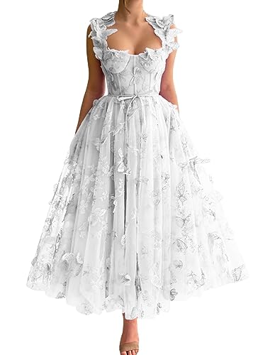 Frauen 3D Schmetterling Tüll Abendkleider Stickerei Spitze Spaghetti Träger Formelle Ballkleider mit Schlitz(A-Weiß,38) von Beyonddress