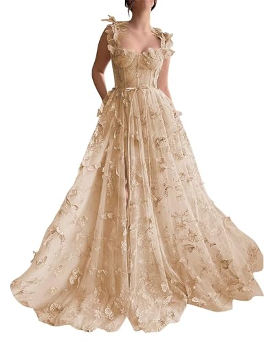 Frauen 3D Schmetterling Tüll Abendkleider Stickerei Spitze Spaghetti Träger Formelle Ballkleider mit Schlitz(B-Champagne,52) von Beyonddress